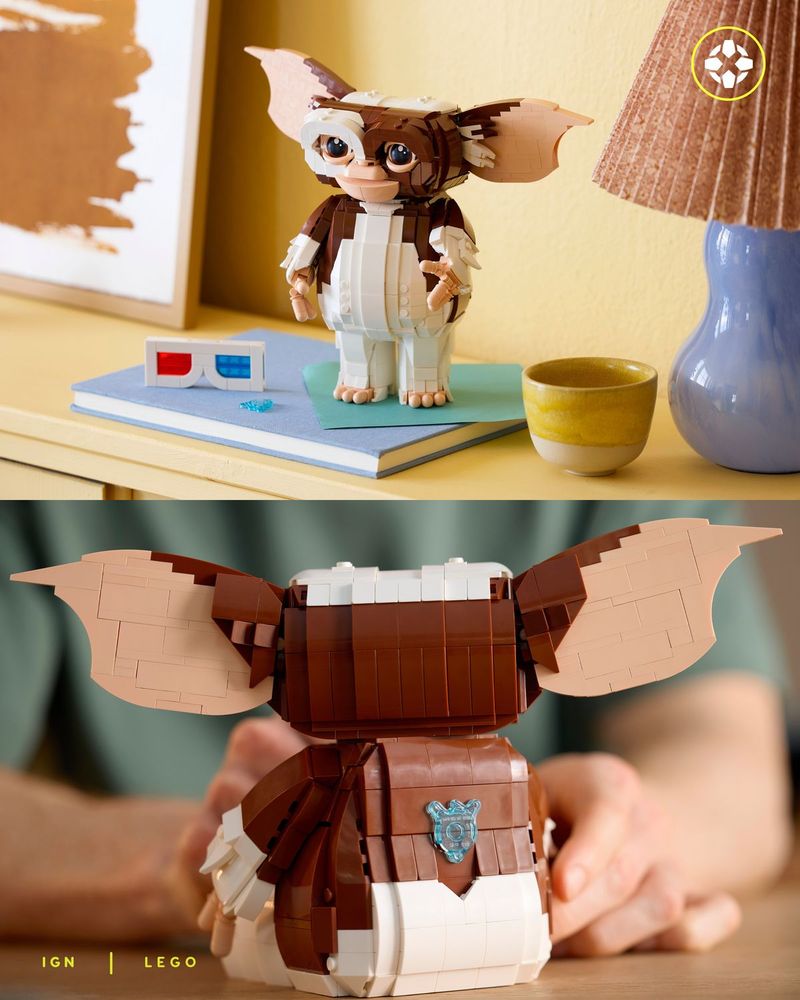 Top: LEGO Gizmo standing on a low book shelf beside the 3D glasses. Bottom: The back of LEGO Gizmo which has a water splash element on the back.