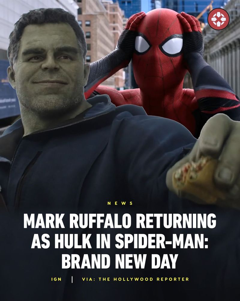 Mark Ruffalo's Hulk holding tacos while Tom Holland's Spider-Man panics with his hands on his head. Caption reads: Mark Ruffalo Returning as Hulk in Spider-Man: Brand New Day