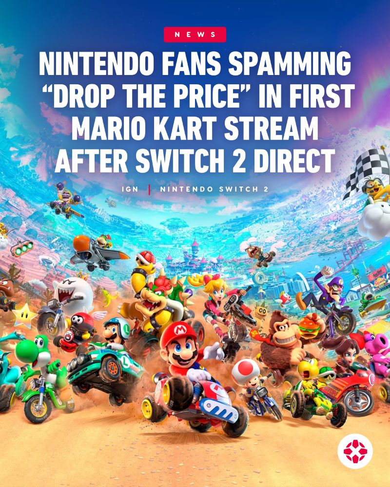 Promotional image of Mario Kart World featuring many of the game's characters.

Text reads:

Nintendo fans spamming
 “Drop the Price” in first mario kart stream
after switch 2 direct