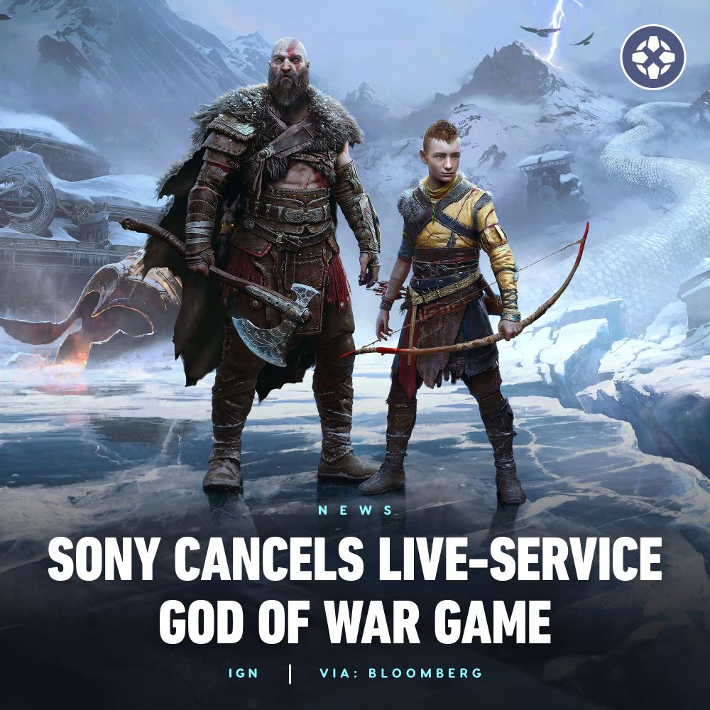 God of War Ragnarok key art with Kratos and Atreus on a frozen body of water. Caption reads: Sony Cancels Live-Service God of War game