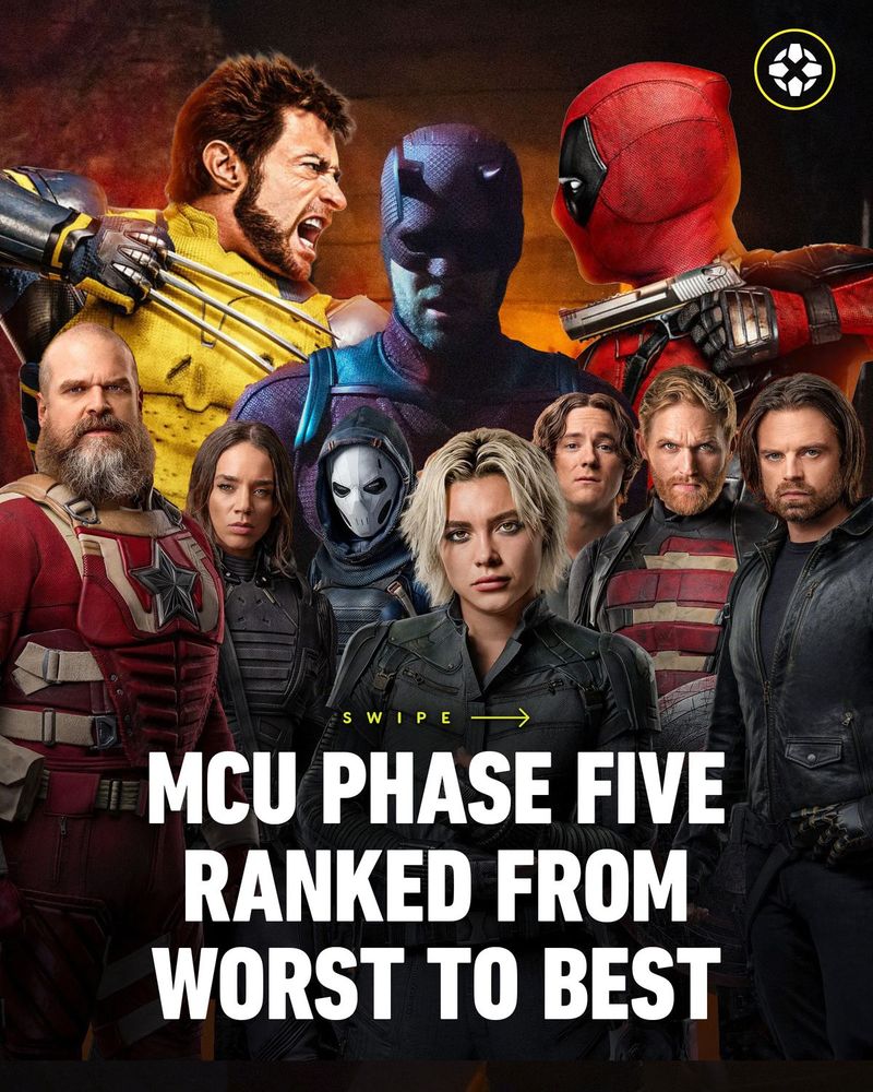 A collage with Wolverine, Daredevil, Deadpool, Red Guardian, Ghost, Taskmaster, Helena, Bob, US Agent, and Bucky Barnes. Caption reads: MCU Phase Five Ranked From Worst to Best