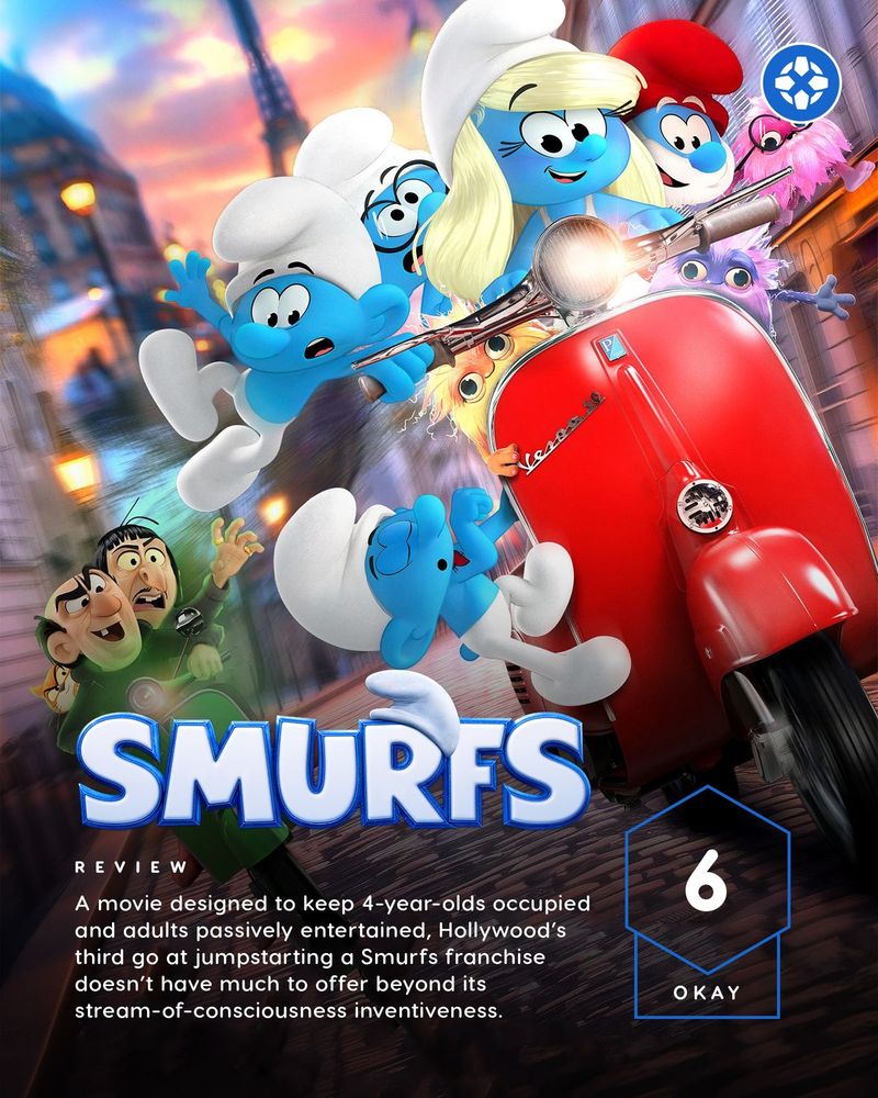 Review: A movie designed to keep 4-year-olds occupied and adults passively entertained, Hollywood’s third go at jumpstarting a Smurfs franchise doesn’t have much to offer beyond its stream-of-consciousness inventiveness. Score: 6 Okay