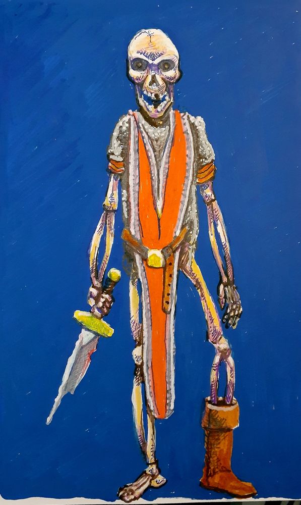 Highly saturated mixed media sketch of a warrior skeleton.