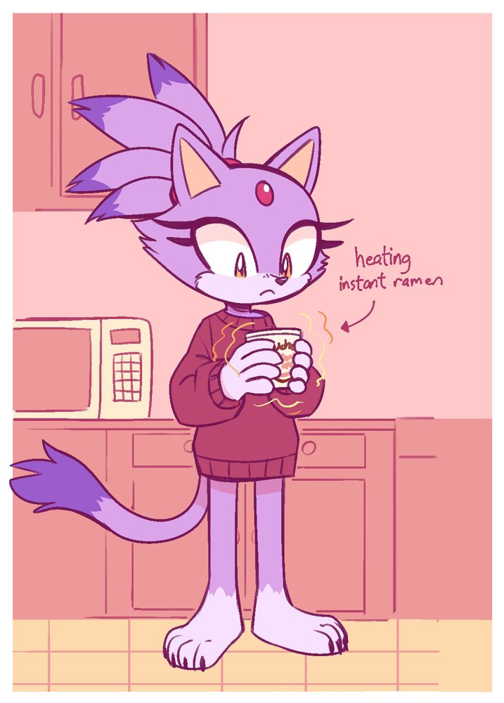 Blaze the cat holding a cup of instant ramen noodles, using her powers to heat them up