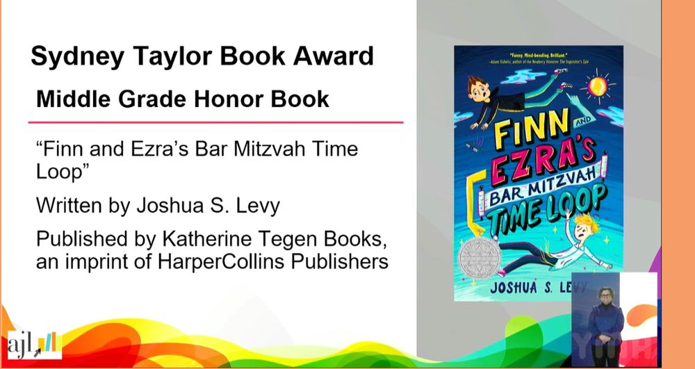 A powerpoint slide presenting a Sydney Taylor Honor award to FINN & EZRA'S BAR MITZVAH TIME LOOP by Joshua S. Levy
