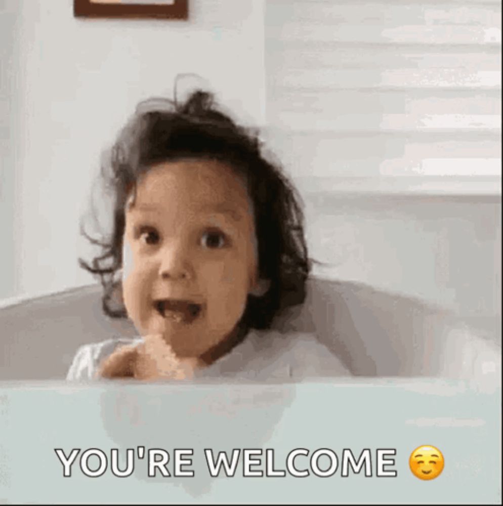 a little girl is sitting in a bathtub with the words `` you 're welcome '' on the bottom .