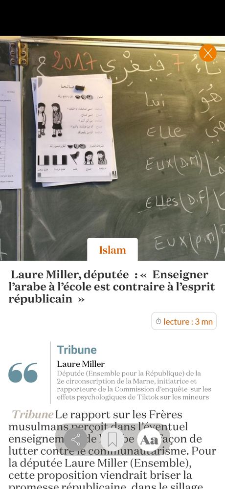 Le titre d'une tribune de Laure Miller, députée Ensemble, dans la Croix : "enseigner l'arabe à l'école est contraire à l'esprit républicain."