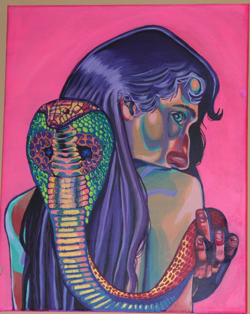 A painting of a woman with her back towards the viewer, looking over her shoulder back at the viewer. A snake is coming towards the viewer being held by the woman.