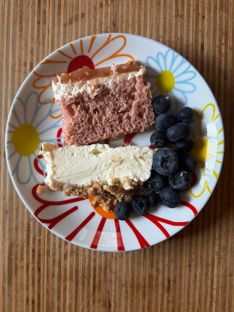 Two small slices of cake and blueberries on a white plate with flower design 