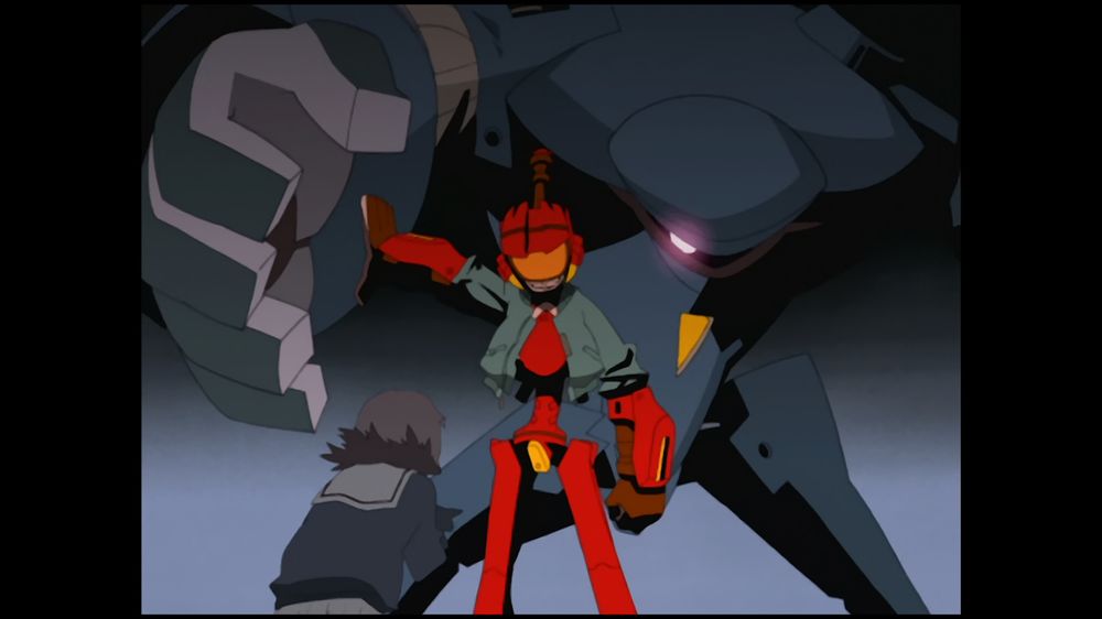 Screenshot from the anime FLCL. The bright red robot Canti protects Mamimi from a dark blue robot in the background