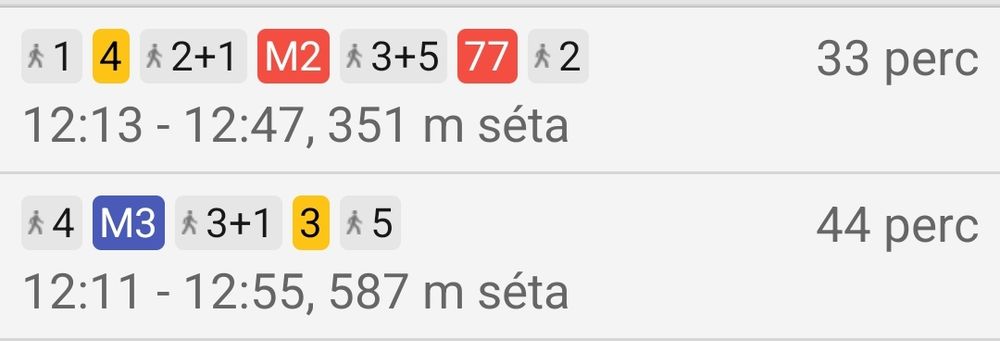 33 perc az egyik út két átszállással, 44 a másik eggyel
