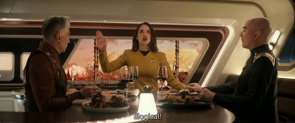 Star Trek, Batel yells "Illogical" to two vulcans while slapping the table