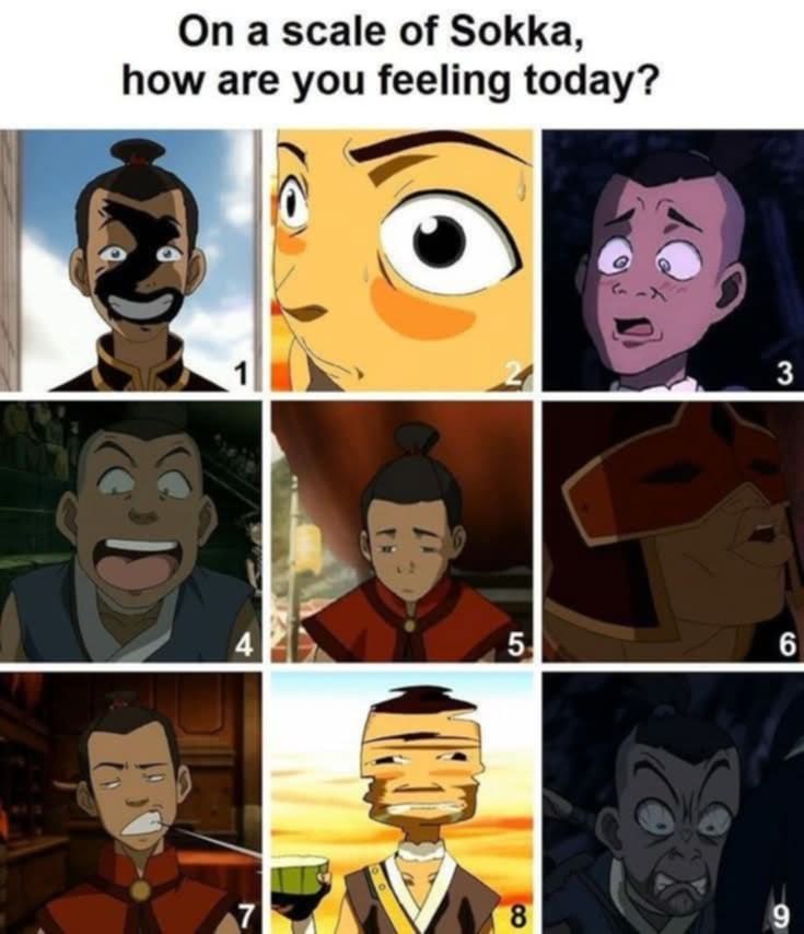 Text on top: "On a scale of Sokka, how are you feeling today?"
And nine different faces of Sokka from Avatar - The Last Airbender