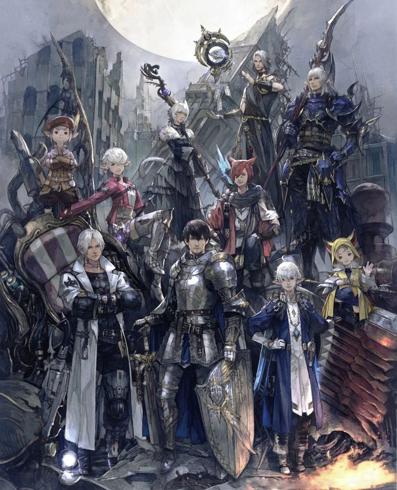 The Scions of the Seventh Dawn from Final Fantasy XIV's Endwalker promotional artwork. From top to bottom, left to right: Tataru, Alisaie, Y'shtola, G'raha, Urianger, Estinien, Thancred, Meteor (player character stand-in), Alphinaud, Krile.