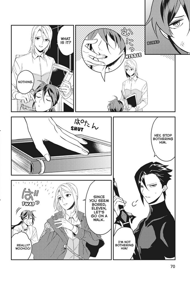 A page of a comic. The important thing to note is that one character (Eleven) is sat at the feet of another character (Lizel), and starts nibbling his finger for attention. (This is showing more trust than you'd know without context, because his fangs can secrete poison; Lizel is very chill about it, showing he trusts Eleven entirely.) Eleven responds with puppyish excitement to the promise of a walk.