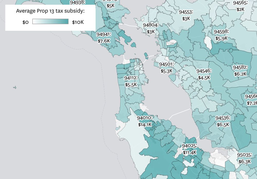Map of the Bay Area in white and green showing property values by ZIP code.