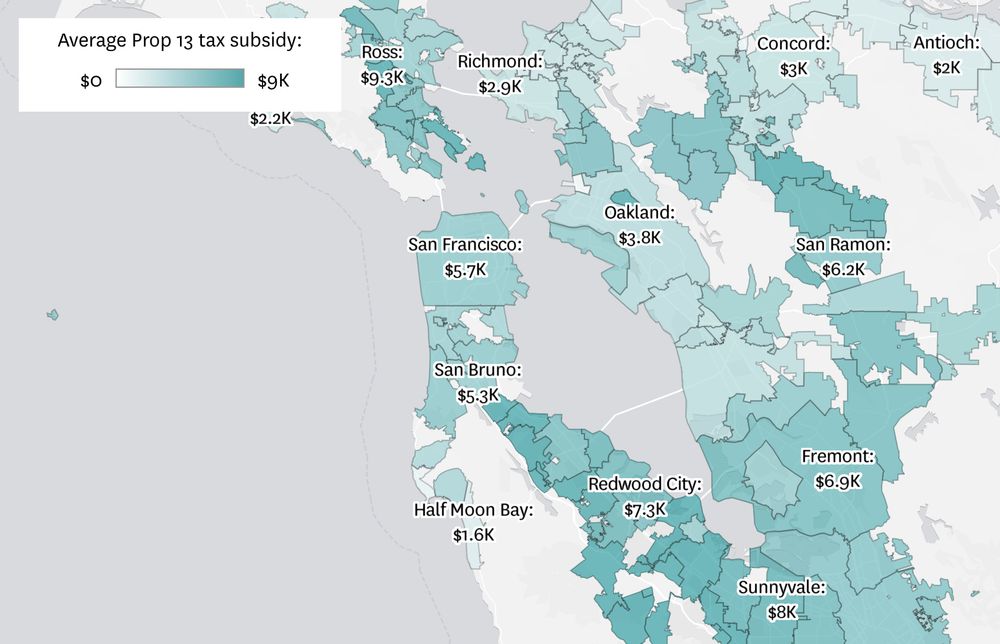 Map in white and green showing property values in the Bay Area by city.