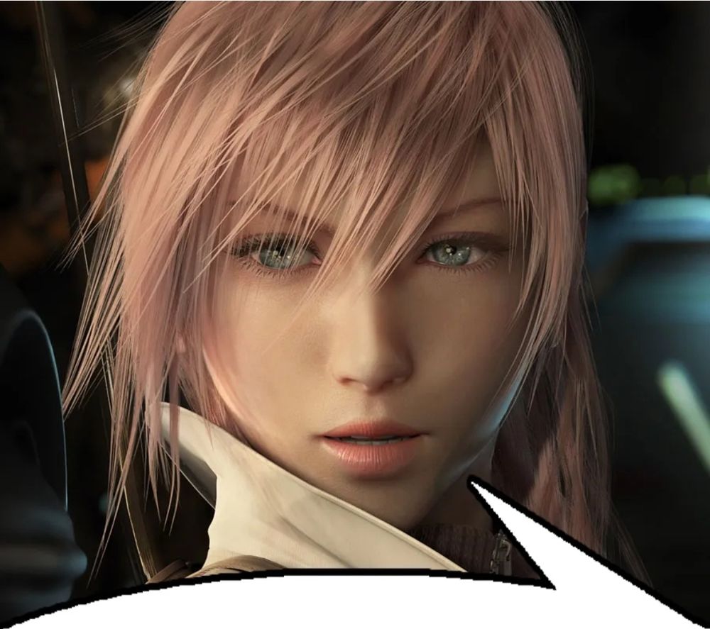 Lightning from Final Fantasy XIII. A speech bubble is pointing at her. 