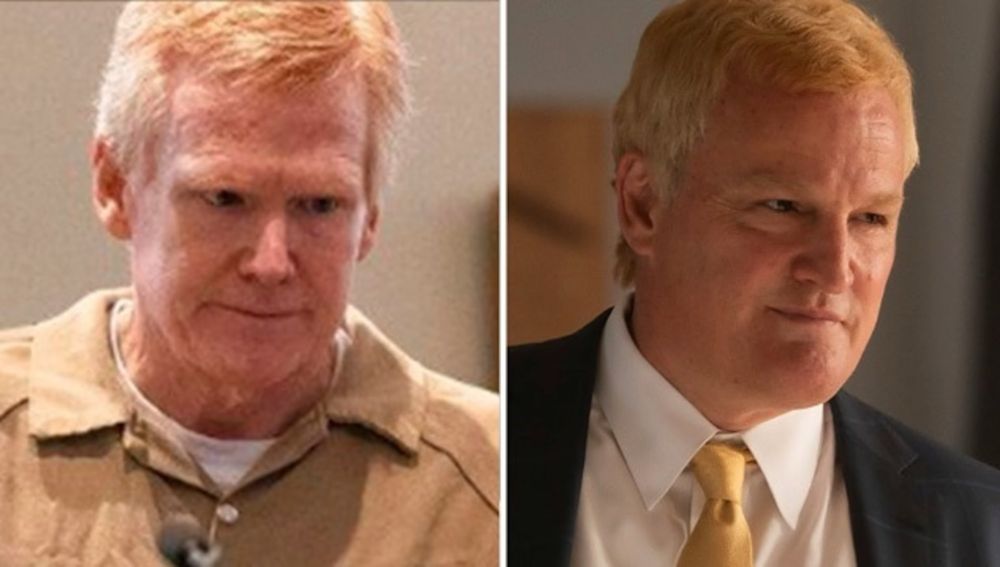 A side by side comparison: the real life Alex Murdaugh (left), a middle age white man in a tan button up with side-parted red hair and Jason Clarke (right) in character as Alex in a black suit, white tie and gold tie