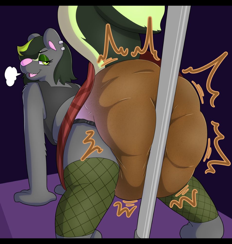 Hal, skunk femboy, on all fours, filling a diaper with scat and mushing it into a dancer's pole provacatively. 