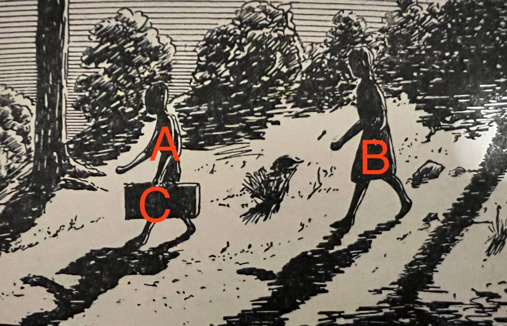 A line drawing shows a night time scene. Two characters are walking though a slightly wooded area. Character A carries a suitcase C, and leads the way. Character B follows behind and seems to sport pigtails. 