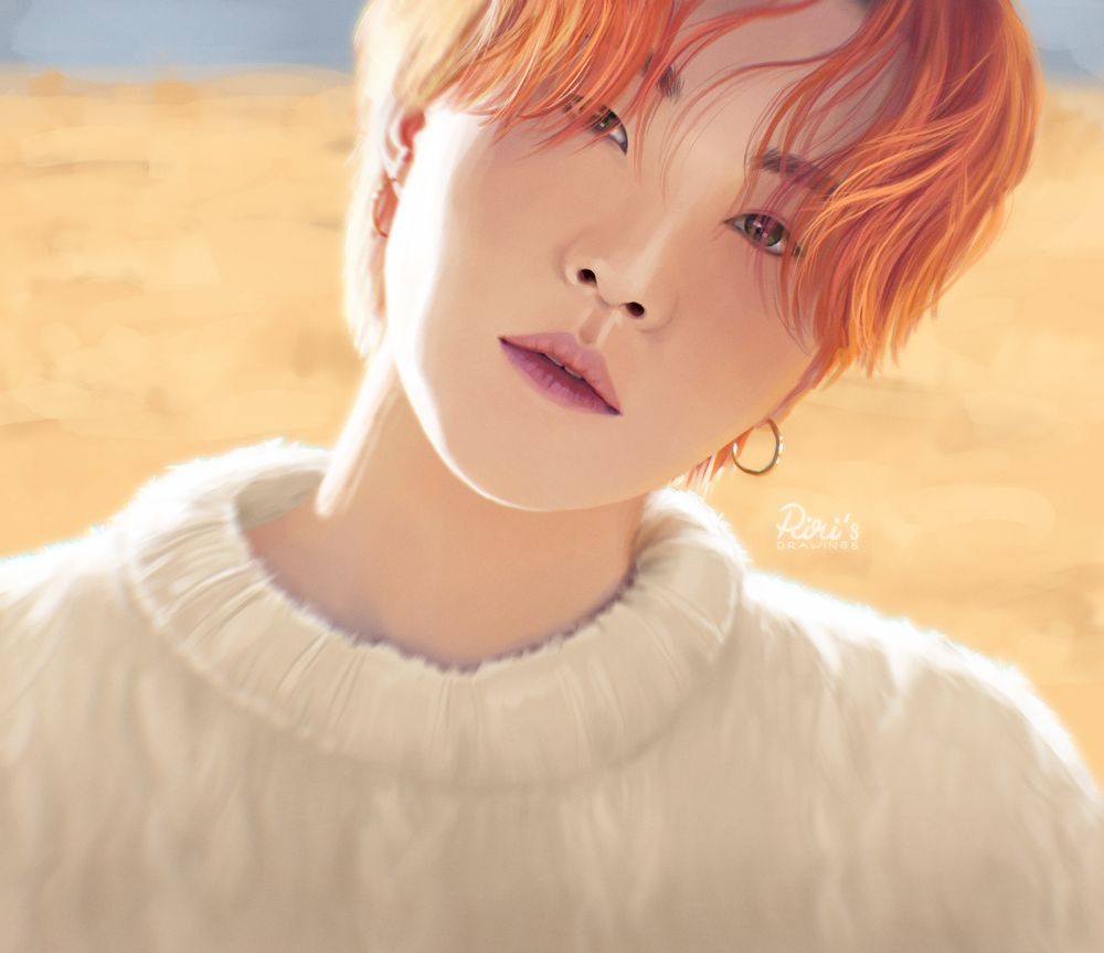 Digital Fanart of Yoongi with orange hair and a white fluffy sweater from his Photofolio