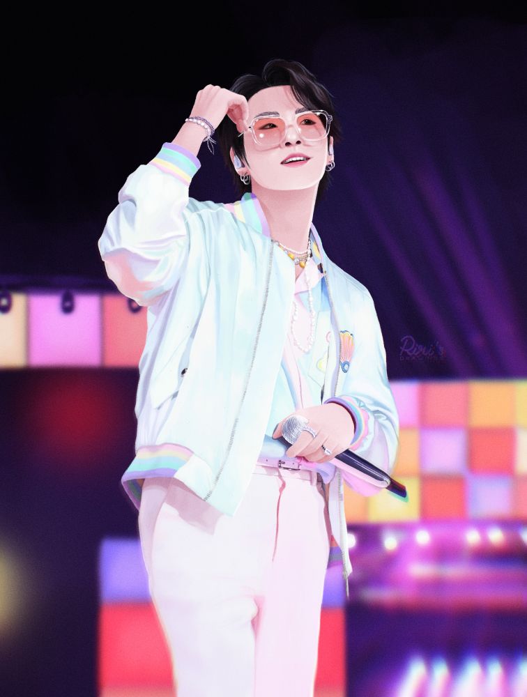 Fanart of Yoongi in all white with orange tinted glasses during one of their PTD Concerts in the US