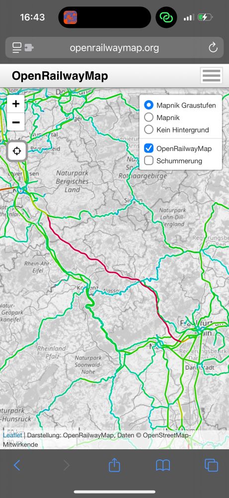 Screenshot von OpenRailwayMap welcher zeigt, dass man zwischen Frankfurt und Köln bis zu 300 km/h fahren darf.