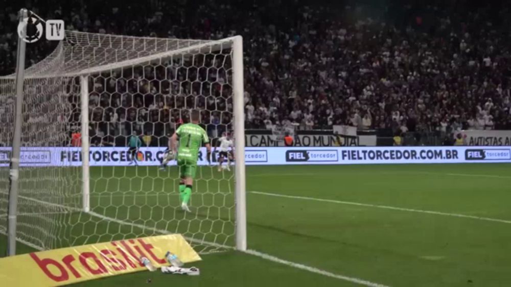 a soccer goalie jumps to catch a ball in front of a banner that says fieltorcedor.com.br