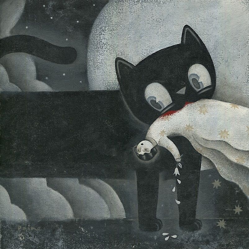 A painting by Paine Proffitt featuring a cat holding a woman in its mouth. A black cat with big eyes holds a woman in a white dress with yellowish stars in its mouth. There is the hint of blood where the teeth are holding on to the woman's body. The woman's body is limp and she holds a white flower with the petals falling off. The background is a dark night sky with clouds on the left and a large full moon behind the cat on the right.