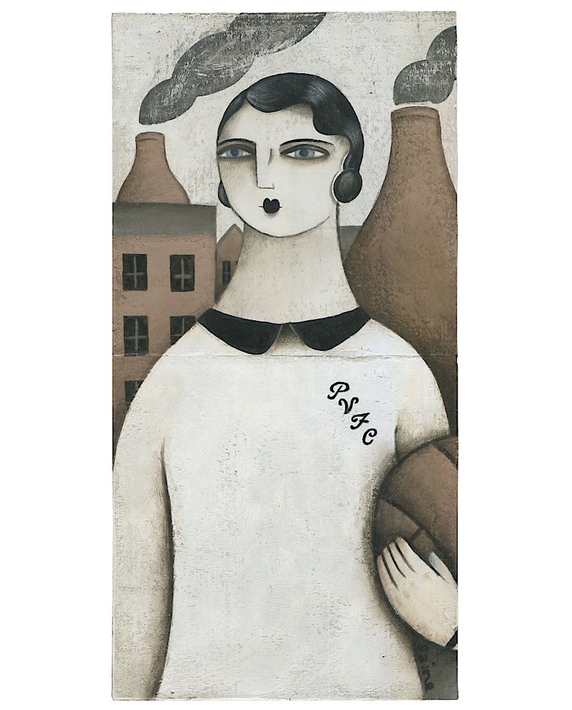A painting by Paine Proffitt featuring a Port Vale FC Women footballer. A woman footballer, seen from the waist up, in a retro Port Vale Women shirt - white shirt with black collar and black P V F C letters as the badge. She has a black vintage, short, flappers haircut, dark eyes and black lips. She stands in front of brick factory buildings with a bottle oven kiln on each side with grey smoke coming from their chimneys, which are a symbol of Stoke-On-Trent and its pottery industry heritage. 