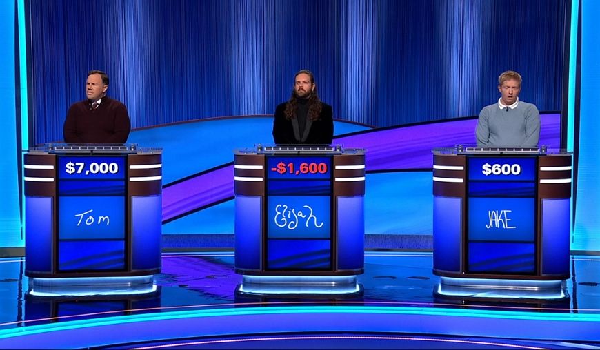 A screencap of the Thursday, October 23rd, 2025 episode of 'Jeopardy' shows contestant Elijah Perseus Blumov in third place with -$1,600.
