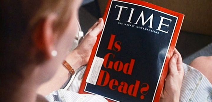 Screenshot from 'Rosemary's Baby' (1968). Over-the-shoulder shot of Rosemary (Mia Farrow) in (I think) a doctor's waiting room, holding the April 1966 issue of 'Time' with its "Is God Dead?" cover.