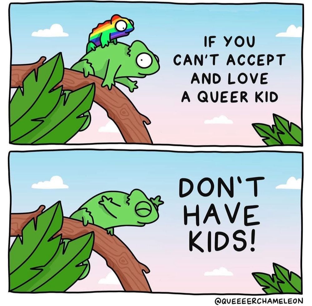 Two pane comic strip. The top is a picture of a green iguana on a branch. There is a smaller iguana on its back that is rainbow colored. The text says “If you can’t accept and love a queer kid”

The bottom pane is a green iguana on a branch by itself. The text says “Don’t have kids”