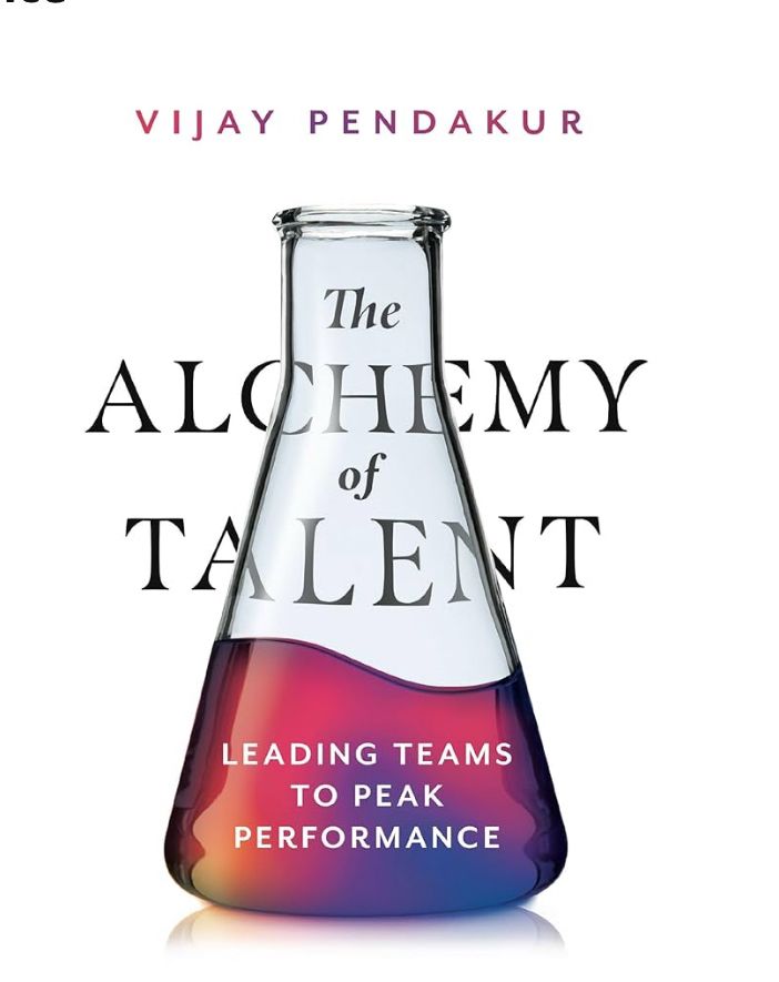 Book cover for The Alchemy of Talent: Leading Teams to Peak Performance by Vijay Pendakur. The background is solid white. The author’s name is at the top in black letters. A chemistry beaker is the main focus of the cover. It is glass with a narrow neck and is wider at the bottom. The liquid fills the beaker to about half way. The liquid is a mix of sunset colors: mostly pinkish red with a bit of yellow in the bottom left. Towards the bottom right, the liquid is mostly blue-ish purple. The book title “The Alchemy of Talent” is centered in the middle of the cover in black ink and is superimposed across the top 60% of the beaker. Each of the four words is on a different line. The words Alchemy and Talent are larger and stretch across the middle 70% of the cover. The subtitle “Leading teams to peak performance” is in white letters superimposed on the colorful liquid in the beaker. 