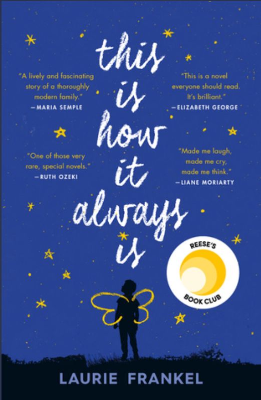 Book cover for this is how it always is by Laurie Frankel. The background is blue and meant to be the sky. The bottom 5% of the cover is black and made to look like the ground. The black silhouette of a person is standing on the ground and has a hand-drawn outline of Buttefly wings on their back. The outline is yellow. The title is in white in a handwritten script font. Each word is on its own line. The title is centered over the person and takes up the top 75% of the cover. On each side of the title, it looks like there are 2 quoted endorsements. On the right, toward the bottom is a white circle that is yellow in the middle. It is meant to look like a sticker. It says Reece’s Book Club. 