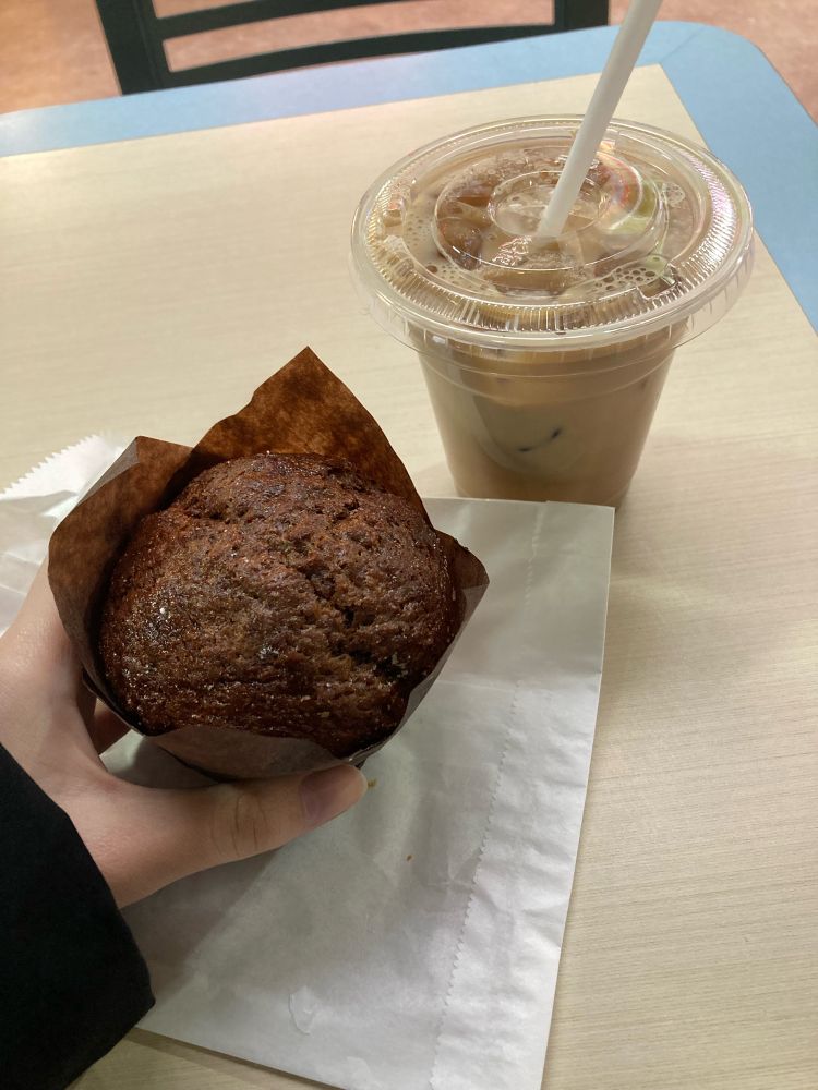 bran muffin and vanilla iced latte