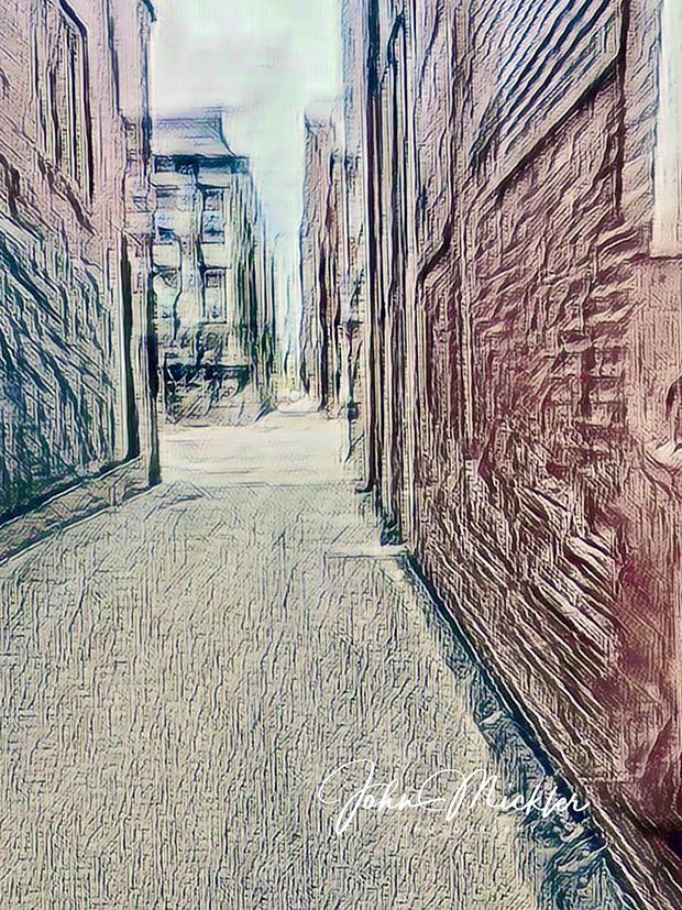 An Alley in any city with very old buildings sagging with time. With multiple coats of paint on red brick. The battered and potholed street runs through it.