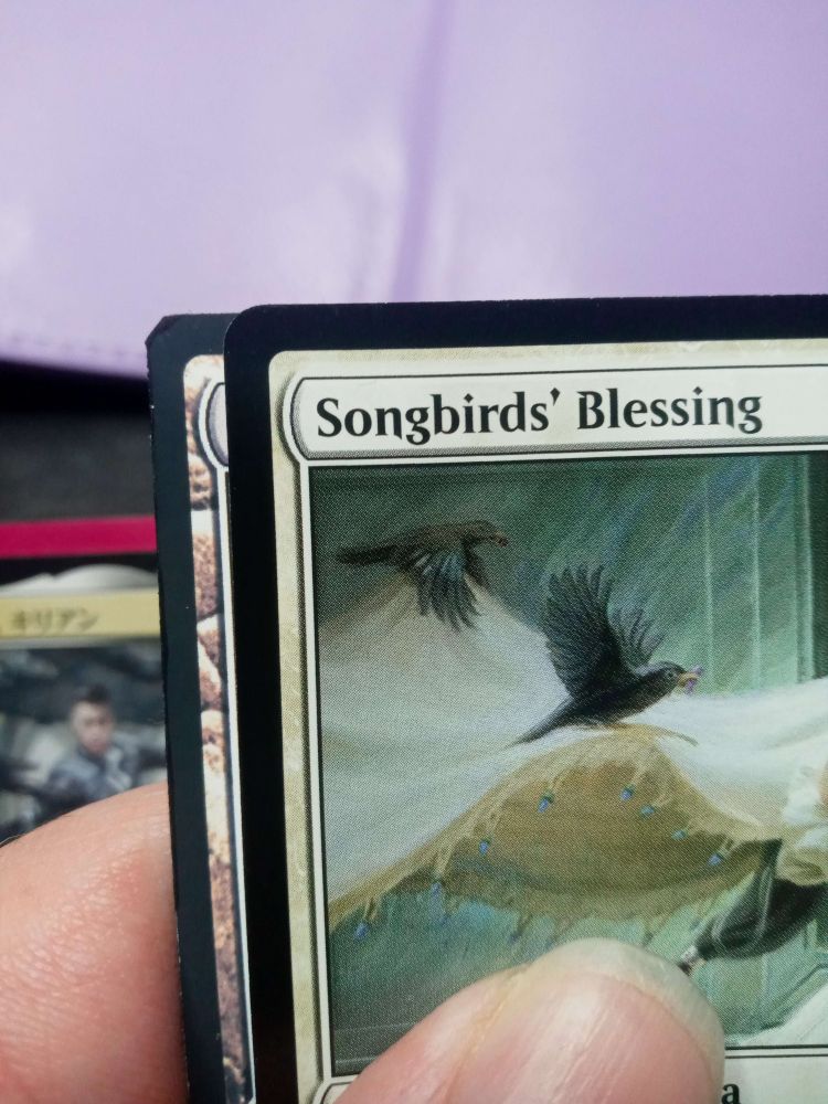 Two magic the cards, the front one being a card called Songbirds' Blessing, while the card behind it is fake and slightly discolored. There is also two fingers visible, and in the background the japanese version of the card Killian, Inkling Duelist in its purple sleeve