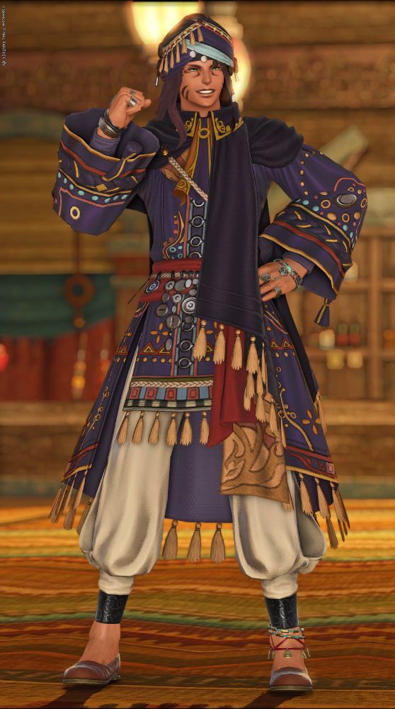 A miqote man standing an looking proud of himself. 