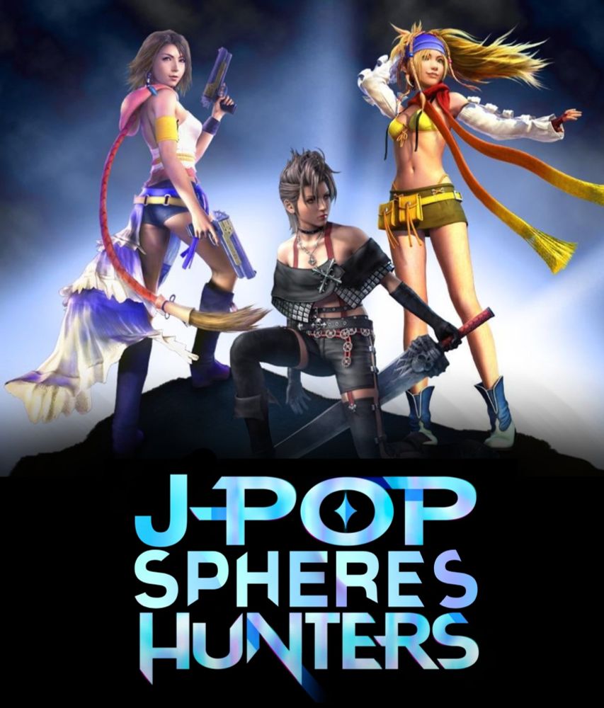 Arte paródia do filme KPop Demon Hunters, com as personagens de Final Fantasy X-2 (Yuna, Paine e Rikki) e a logo JPop Spheres Hunters