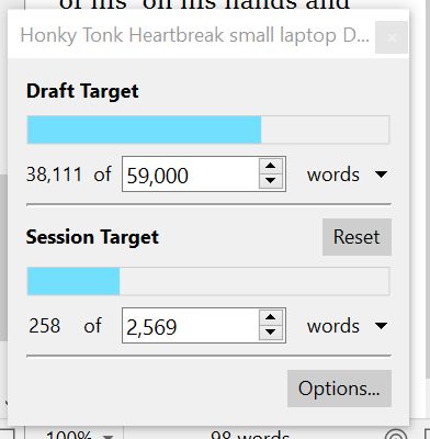 A screenshot of a Scrivener project goal, showing the writing session is 258 words into a goal of 2569.