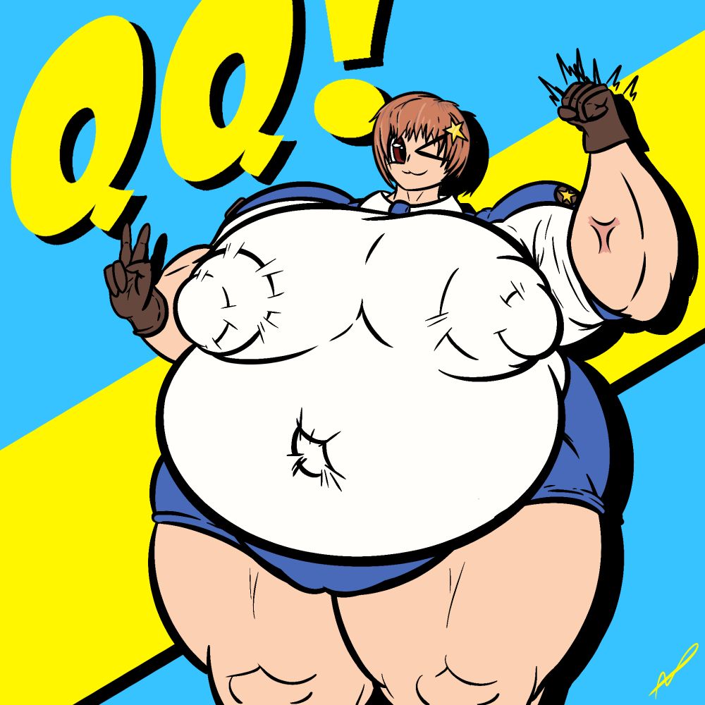 A very strong, smiling policewoman with an incredibly bulky figure and large features, like a belly, breasts nipples, etc, all straining under her incredibly tight uniform and skirt. She is striking a pose, flexing her left arm to show off while giving a peace sign with her other hand, and smiling. The background is made up of bright blue and yellow accents with drop shadows, including a yellow line and her name, "QQ!" behind her.