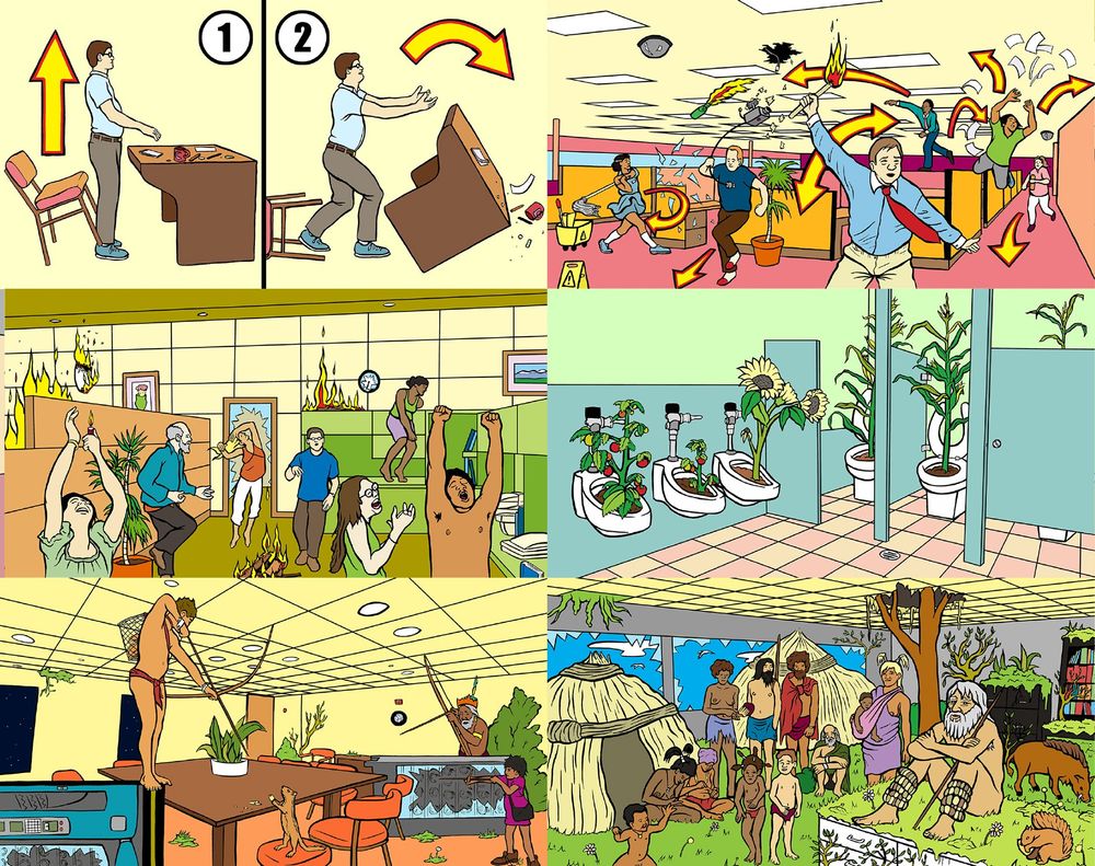 sequência ilustrada mostrando um escritório entrando em caos e evoluindo até uma vida tribal