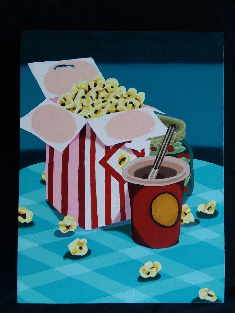 An oil painting featuring a cola beverage in a red cup with a straw. The cola cup is in front of a red and pink striped box filled with buttered popcorn. There is loose popcorn scattered about near the box and cup. The background is dark teal in color.