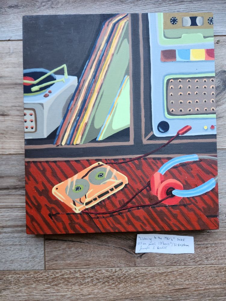 Oil painting of a cassette tape and earphones on a hardwood floor. In the background is a black cabinet with vinyl records, a turntable, and a boom box stereo with a cassette tape deck.