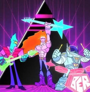 B.E.R - an iconic rock band from Teen Titans Go! cartoon, posing with their instruments 