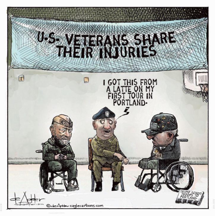 The image shows a soldier sitting with badly injured War Veterans and showing a scratch on his hand saying "I GOT THIS FROM A LATTE ON MY FIRST TOUR IN PORTLAND."