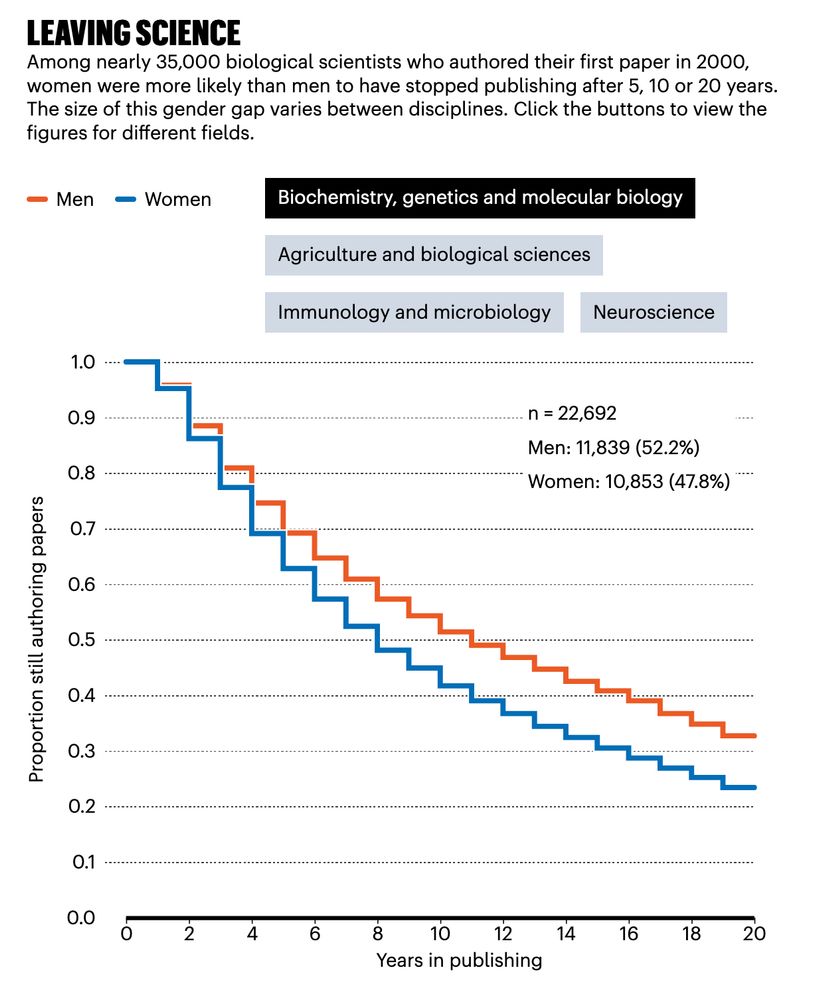 Among nearly 35,000 biological scientists who authored their first paper in 2000, women were more likely than men to have stopped publishing after 5, 10 or 20 years. The size of this gender gap varies between disciplines.