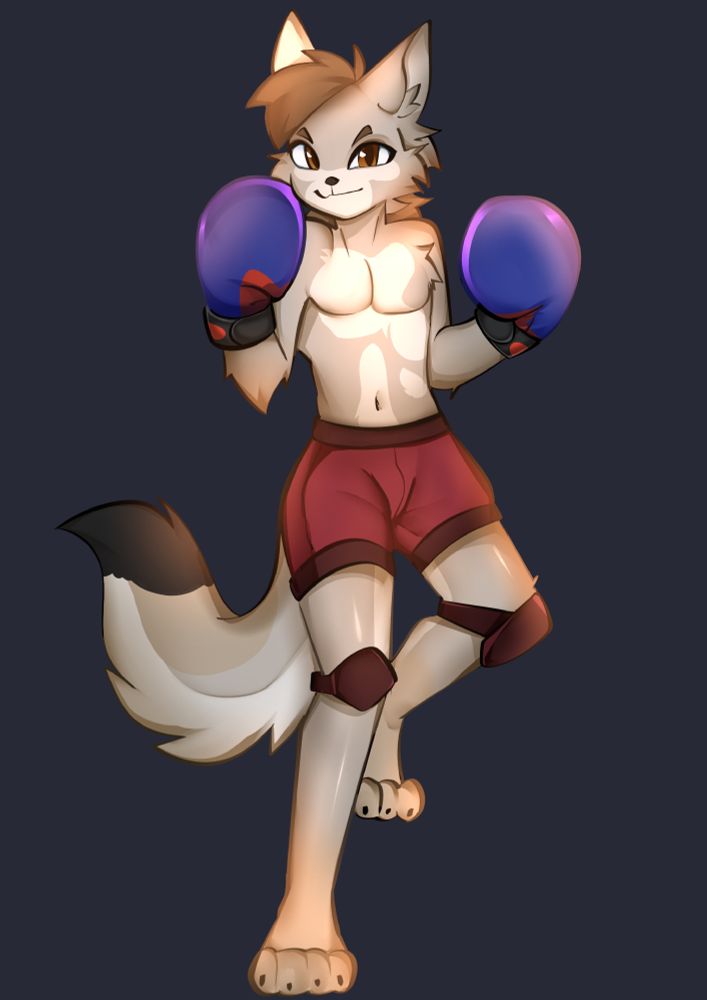 Digital drawing of an anthro fox in boxing gear, smiling challengingly at the viewer